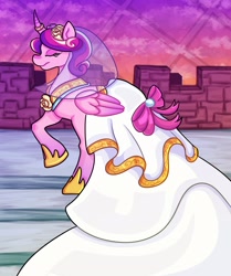 Size: 1714x2048 | Tagged: safe, artist:themeepbox, derpibooru import, princess cadance, alicorn, pony, alternate hairstyle, clothes, curved horn, dress, eyes closed, female, horn, horn ring, mare, raised hoof, raised leg, ring, smiling, solo, wedding dress