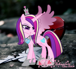 Size: 1083x978 | Tagged: safe, artist:tanahgrogot, derpibooru import, idw, princess cadance, alicorn, pony, reflections, spoiler:comic, evil cadance, evil grin, eyeshadow, female, grin, heartbreak, idw showified, makeup, mare, reversed, smiling, solo, watermark
