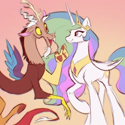 Size: 1280x1280 | Tagged: safe, artist:deerlaurs, derpibooru import, discord, princess celestia, alicorn, draconequus, pony, dislestia, eye contact, female, gradient background, looking at each other, male, mare, open mouth, open smile, shipping, smiling, smiling at each other, straight
