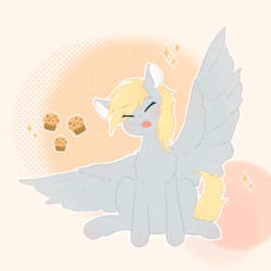 Size: 1580x1580 | Tagged: safe, artist:mix2546, derpibooru import, derpy hooves, pegasus, pony, :p, blushing, chest fluff, cute, derpabetes, eyes closed, female, food, mare, muffin, sitting, smiling, solo, sparkles, spread wings, tongue, tongue out, white outline, wings