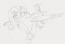 Size: 1245x839 | Tagged: safe, artist:dotkwa, derpibooru import, fluttershy, original species, plane pony, pony, cute, female, flutterplane, flying, gray background, grayscale, looking at you, mare, monochrome, plane, race swap, shyabetes, simple background, smiling, smiling at you, solo