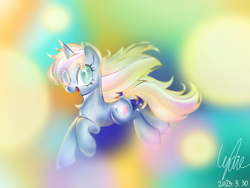 Size: 2732x2049 | Tagged: safe, artist:lydia, derpibooru import, oc, oc only, oc:windy／painting heart, pony, unicorn, beautiful, bright, colorful, elegant, hopping, laughing, long mane, looking at you, no pupils, running, solo
