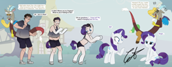 Size: 3366x1300 | Tagged: safe, artist:axiomtf, derpibooru import, discord, rarity, human, unicorn, annoyed, blue eyes, clothes, dialogue, glasses, laughing, ponyville, purple hair, shirt, shocked, shoes, shorts, show accurate, transformation, transformation sequence, transgender transformation