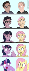 Size: 1720x4128 | Tagged: safe, artist:axiomtf, artist:zeydaan, derpibooru import, fluttershy, twilight sparkle, human, pegasus, unicorn, clothes, ears, floppy ears, glasses, male to female, rule 63, shaved head, shirt, shocked, show accurate, transformation, transformation sequence, transgender transformation