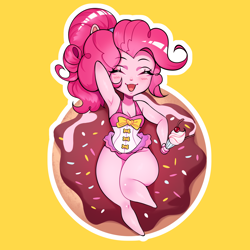 Size: 2480x2480 | Tagged: safe, artist:ikstina, derpibooru import, pinkie pie, human, equestria girls, armpits, bare shoulders, blushing, breasts, cherry, chibi, chubby, clothes, curvy, cute, diapinkes, donut, drink, food, humanized, keychain, merchandise, milkshake, one-piece swimsuit, pink hair, pinkie pie swimsuit, simple background, sleeveless, smiling, sprinkles, sticker, swimming, swimsuit, thick, wide hips, yellow background