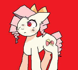 Size: 378x342 | Tagged: safe, artist:fishstickz, derpibooru exclusive, derpibooru import, oc, oc only, oc:luzzy bow, earth pony, pony, beanbrows, bow, eyebrows, hair bow, ms paint, red background, simple background, solo