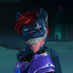 Size: 3200x3200 | Tagged: safe, artist:shido-tara, derpibooru import, oc, bat pony, amputee, armor, bat pony oc, bust, commission, fangs, looking at you, male, portrait, prosthetics, scar, solo, torn ear