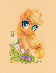 Size: 923x1200 | Tagged: safe, artist:maytee, derpibooru import, applejack, earth pony, pony, bust, colored pencil drawing, dandelion, female, flower, mare, smiling, solo, traditional art
