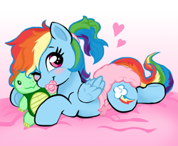 Size: 2115x1742 | Tagged: safe, artist:onc3l3rphobix, derpibooru import, rainbow dash, pony, blushing, coy, cute, diaper, diaper fetish, diapered, female, fetish, heart, looking at you, lying down, non-baby in diaper, one eye closed, pacifier, pink diaper, plushie, ponytail, prone, solo, sploot, wink