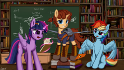 Size: 3840x2160 | Tagged: safe, artist:leoliu0491, derpibooru import, rainbow dash, twilight sparkle, twilight sparkle (alicorn), oc, alicorn, pegasus, pony, unicorn, artificial wings, augmented, book, bookshelf, chalkboard, clipboard, pencil behind ear, sitting, spread wings, trio, wings