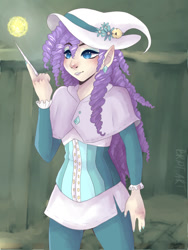 Size: 540x720 | Tagged: safe, artist:brot-art, derpibooru import, rarity, elf, human, background human, curly hair, element of generosity, element of honesty, element of kindness, element of laughter, element of loyalty, element of magic, elements of harmony, elf ears, female, hat, humanized, solo, spell, unicorns as elves, wand, witch, witch hat