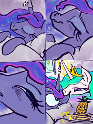 Size: 3000x4000 | Tagged: safe, artist:ja0822ck, derpibooru import, princess celestia, princess luna, cute, food, nom, pineapple, sleeping