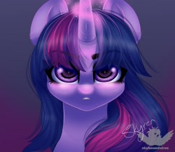 Size: 2048x1781 | Tagged: safe, artist:skyboundsiren, derpibooru import, pony, bust, eye clipping through hair, eyebrows, eyebrows visible through hair, glowing, glowing horn, gradient background, horn, solo