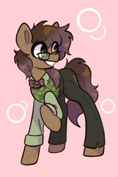 Size: 1200x1800 | Tagged: safe, artist:chunchalunch, derpibooru import, oc, oc only, earth pony, pony, bowtie, clothes, glasses, grin, pants, pink background, shirt, simple background, smiling, solo, vest