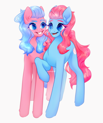 Size: 3120x3720 | Tagged: safe, artist:dreamyrat, derpibooru import, aloe, lotus blossom, earth pony, pony, duo, duo female, female, looking at each other, looking at someone, mare, open mouth, open smile, raised hoof, raised leg, siblings, simple background, sisters, smiling, smiling at each other, spa pony, spa twins, twins