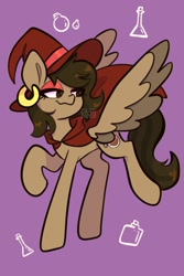 Size: 1200x1800 | Tagged: safe, artist:chunchalunch, derpibooru import, oc, oc only, pegasus, pony, cape, clothes, ear piercing, earring, hat, jewelry, lidded eyes, piercing, solo, spread wings, wings, witch hat