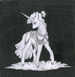 Size: 796x816 | Tagged: safe, artist:adeptus-monitus, derpibooru import, oc, oc only, pony, unicorn, horn, monochrome, saddle, solo, tack, traditional art, unicorn oc