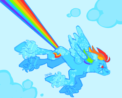 Size: 1280x1029 | Tagged: safe, artist:sillyfillies, derpibooru import, rainbow dash, pegasus, pony, cloud, flying, sky, solo, unshorn fetlocks