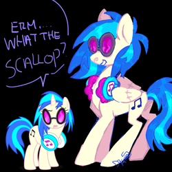 Size: 1111x1111 | Tagged: safe, artist:sillyfillies, derpibooru import, dj pon-3, vinyl scratch, pegasus, pony, black background, erm what the scallop, headphones, race swap, simple background, speech bubble