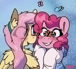 Size: 1100x1000 | Tagged: safe, artist:provolonepone, derpibooru exclusive, derpibooru import, fluttershy, pinkie pie, butterfly, earth pony, pegasus, pony, butterfly on nose, chest fluff, clothes, ear fluff, ears, eye clipping through hair, female, flutterpie, hairband, happy, hoodie, insect on nose, lesbian, shipping, smiling