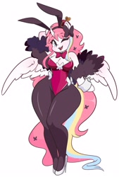 Size: 1917x2834 | Tagged: safe, artist:valcanicwitch, derpibooru import, oc, oc only, oc:nekonin, alicorn, anthro, arm hooves, bow, bowtie, breast fluff, bunny ears, bunny suit, chest fluff, clothes, crown, cuffs (clothes), femboy, hair bow, high heels, jewelry, looking at you, male, one eye closed, pantyhose, regalia, shoes, simple background, solo, white background, wide hips, wink, winking at you