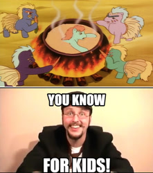 Size: 584x661 | Tagged: safe, derpibooru import, edit, screencap, bright eyes, g1, my little pony tales, ponies in paradise, cannibalism, carrot, cauldron, cooking, fire, food, meme, nostalgia critic, steam, wood, you know for kids
