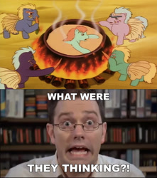 Size: 584x661 | Tagged: safe, derpibooru import, edit, screencap, bright eyes, g1, my little pony tales, ponies in paradise, angry video game nerd, cannibalism, carrot, cauldron, cooking, fire, food, meme, steam, what were they thinking, wood