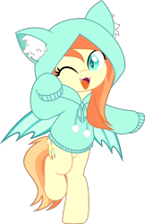 Size: 3232x5000 | Tagged: safe, artist:jhayarr23, derpibooru import, oc, oc only, oc:sunshine drift, bat pony, pony, :3, bat wings, bipedal, butt fluff, cat ears, clothes, commission, fangs, female, hoodie, looking at you, mare, one eye closed, open mouth, pony oc, raised hoof, raised leg, simple background, solo, spread wings, tail, transparent background, wings, wink, ych result