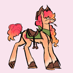 Size: 1280x1280 | Tagged: safe, artist:sillyfillies, derpibooru import, applejack, earth pony, pony, alternate color palette, alternate design, alternate hairstyle, bandana, cowboy hat, hat, pink background, redesign, saddle, simple background, solo, tack