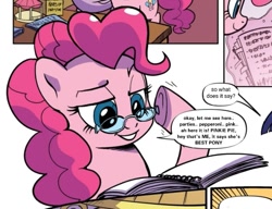 Size: 717x552 | Tagged: safe, derpibooru import, edit, idw, pinkie pie, earth pony, pony, glasses, reading, solo