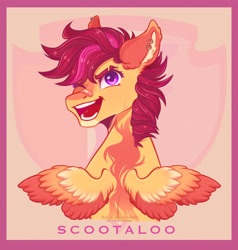 Size: 3380x3550 | Tagged: safe, artist:rubimlp6, derpibooru import, scootaloo, pegasus, pony, bandage, cutie mark background, ear piercing, earring, eyebrow slit, eyebrows, female, grin, jewelry, looking at you, looking back, looking back at you, mare, older, one eye closed, piercing, smiling