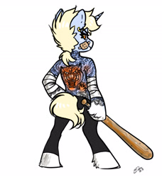 Size: 2459x2700 | Tagged: safe, artist:opalacorn, derpibooru import, oc, oc only, oc:nootaz, semi-anthro, unicorn, arm wraps, bandaid, baseball bat, female, looking at you, looking back, looking back at you, mare, simple background, solo, tattoo, white background