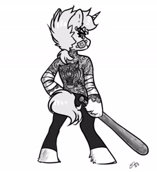 Size: 2459x2700 | Tagged: safe, alternate version, artist:opalacorn, derpibooru import, oc, oc only, oc:nootaz, semi-anthro, unicorn, arm wraps, bandaid, baseball bat, black and white, ear piercing, earring, female, grayscale, jewelry, looking at you, looking back, looking back at you, mare, monochrome, piercing, simple background, solo, tattoo, white background