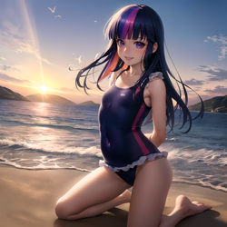 Size: 1792x1792 | Tagged: safe, ai content, derpibooru import, machine learning generated, twilight sparkle, human, adorasexy, adult, arm behind back, beach, belly button, breasts, clothes, cute, female, human female, humanized, kneeling, looking at you, mountain, nature, ocean, one-piece swimsuit, prompter:n0pe n0pe, realistic, sand, sexy, small breasts, solo, solo female, sunset, swimsuit, teenager, water, wind, younger