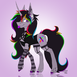 Size: 4320x4320 | Tagged: safe, artist:chazmazda, derpibooru import, oc, oc only, oc:strobestress, pony, unicorn, clothes, ear fluff, ear piercing, earring, ears, fem, female, fishnet stockings, garter belt, garters, gauges, glowstick, gradient background, jewelry, long mane, mare, multicolored hair, pentagram, piercing, rainbow hair, rgb, smiling, smirk, solo, stockings, thigh highs, tongue, tongue out