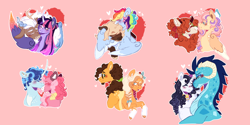 Size: 8000x4000 | Tagged: safe, artist:orphicswanart, derpibooru import, applejack, autumn blaze, cheese sandwich, discord, dumbbell, fluttershy, party favor, pinkie pie, princess ember, rainbow dash, rarity, twilight sparkle, twilight sparkle (alicorn), alicorn, draconequus, dragon, earth pony, kirin, pegasus, pony, unicorn, 2023, absurd resolution, autumnshy, cheesejack, discolight, dragoness, dumbdash, ear piercing, earring, emberity, female, glasses, heart, jewelry, lesbian, male, mane six, mare, nuzzling, partypie, piercing, pink background, shipping, simple background, stallion, straight
