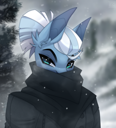 Size: 2241x2454 | Tagged: safe, artist:elektra-gertly, derpibooru import, oc, oc only, anthro, clothes, cold, commission, jacket, scarf, snow, solo, tree