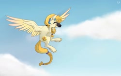 Size: 1811x1130 | Tagged: safe, artist:glassygreatart, derpibooru import, idw, golden feather, princess celestia, pegasus, pony, binoculars, cloud, disguise, disguised celestia, female, flying, mare, sky, smiling, solo, spread wings, wings