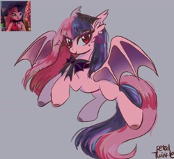 Size: 2048x1865 | Tagged: safe, artist:petaltwinkle, derpibooru import, bat pony, pony, bowtie, female, gray background, looking at you, mare, mole, ponified, screencap reference, signature, simple background, smiling, smiling at you, solo, species swap, spread wings, wings