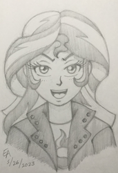 Size: 1000x1458 | Tagged: safe, artist:mayorlight, derpibooru import, sunset shimmer, equestria girls, bust, looking at you, monochrome, open mouth, pencil drawing, solo, traditional art