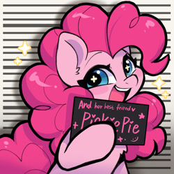 Size: 1037x1033 | Tagged: safe, artist:colorfulcolor233, derpibooru import, pinkie pie, earth pony, pony, barbie, barbie mugshot meme, chest fluff, ear fluff, ears, female, hoof hold, looking at you, mare, meme, mugshot, open mouth, parody, simple background, smiling, solo, sparkles, starry eyes, text, wingding eyes