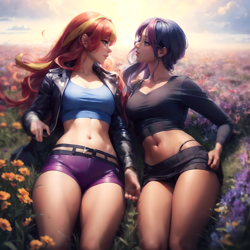 Size: 1792x1792 | Tagged: safe, ai content, derpibooru import, machine learning generated, sunset shimmer, twilight sparkle, human, equestria girls, belly button, breasts, clothes, dark skin, eye contact, female, flower, humanized, imminent kissing, jacket, leather, leather jacket, lesbian, looking at each other, looking at someone, panties, prompter:n0pe n0pe, realistic, reasonably sized breasts, shipping, shorts, skirt, sunsetsparkle, underwear, upskirt, wide hips