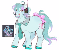 Size: 3524x3024 | Tagged: safe, artist:mysthooves, derpibooru import, earth pony, pony, anime, eye clipping through hair, female, hatsune miku, headphones, headset, kotobukiya, kotobukiya hatsune miku pony, mare, microphone, ponified, simple background, solo, species swap, tongue, tongue out, vocaloid, white background