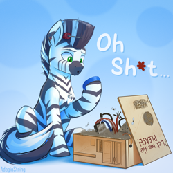 Size: 2000x2000 | Tagged: safe, artist:adagiostring, derpibooru import, oc, oc only, oc:rayven, fly, insect, pony, zebra, cable, cables, censored, censored vulgarity, computer, concave belly, hard drive, jewelry, male, necklace, ponies with technology, sitting, solo, zebra oc