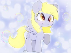 Size: 4000x3000 | Tagged: safe, artist:zokkili, derpibooru import, derpy hooves, pegasus, pony, beanbrows, bubble, cute, derpabetes, ear fluff, ears, eyebrows, heart, heart eyes, high res, raised hoof, raised leg, signature, smiling, solo, spread wings, wingding eyes, wings