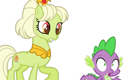 Size: 1113x720 | Tagged: safe, artist:kingbases, artist:tanahgrogot, derpibooru import, granny smith, spike, dragon, earth pony, pony, alternate universe, base used, duo, female, gritted teeth, mare, open mouth, simple background, teeth, transparent background, wide eyes, young granny smith, younger