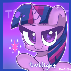 Size: 2048x2048 | Tagged: safe, artist:weiling, derpibooru import, twilight sparkle, pony, unicorn, blushing, bust, cute, female, mare, raised hoof, raised leg, simple background, solo