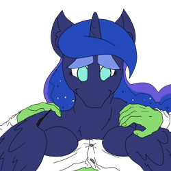 Size: 3508x3508 | Tagged: safe, artist:ponny, derpibooru import, princess luna, oc, oc:anon, alicorn, human, hug, looking at you, lying down, on top, simple background, transparent background, winghug, wings