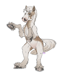 Size: 1875x2325 | Tagged: safe, artist:pyszka, derpibooru import, oc, oc only, oc:rose(shinoya), earth pony, pony, anatomy, chest fluff, ear fluff, ears, eyebrows, female, feral, feral fluffy pony, frog (hoof), hooves, horseshoes, mare, mohawk, raised eyebrow, raised hoof, raised leg, smiling, solo, solo female, tomboy, underhoof