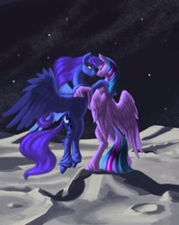 Size: 1805x2262 | Tagged: safe, artist:kirillk, derpibooru import, princess luna, twilight sparkle, twilight sparkle (alicorn), alicorn, pony, eyes closed, female, lesbian, looking at someone, mare, moon, shipping, smiling, space, stars, twiluna